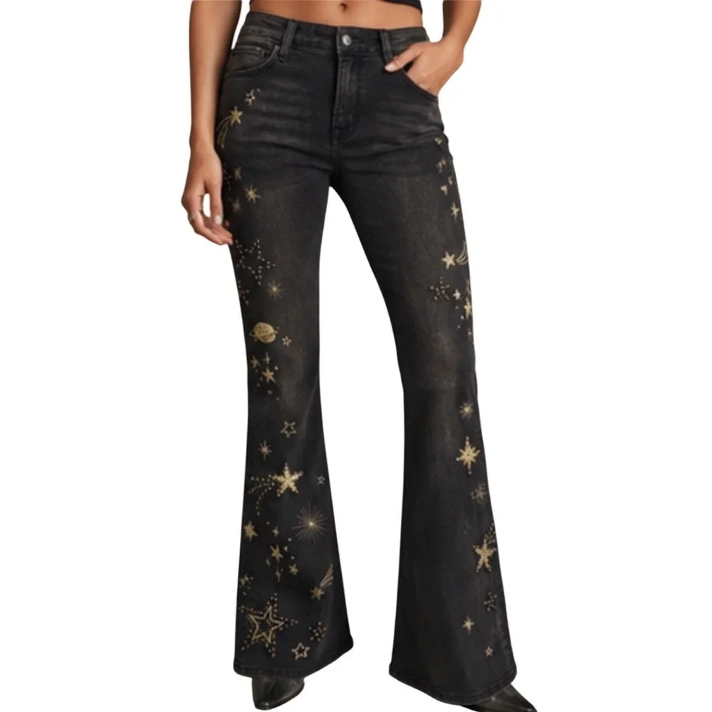 Driftwood x Free People Farrah Celestial Embroidered Flare Jeans NWT 30 $178